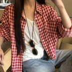 Red Plaid Shirt Cardigan Women's Long Sleeve Jacket