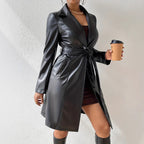 PU Long Sleeve Women's Slim Fit Long Trench Coat