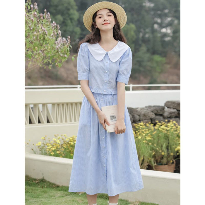 Blue Stripe College Style Skirt Design Two-piece Set