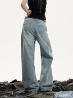 American Retro Washed Worn Jeans Women's Loose Straight