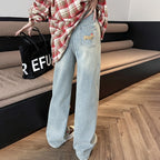 Cartoon Puppy Embroidered High Waist Straight Jeans