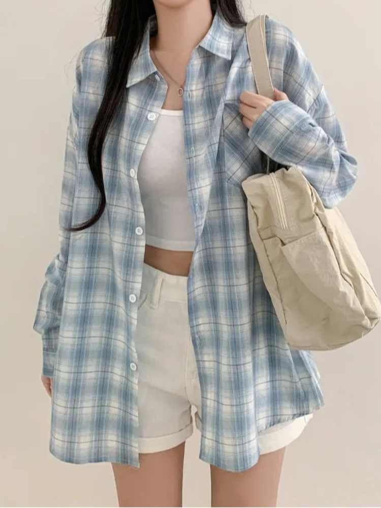 Blue Plaid Shirt For Women Loose Long Sleeve Jacket