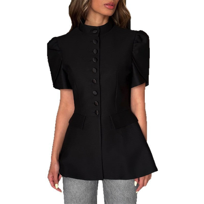 Stand Collar Single-breasted High-waist Blouse