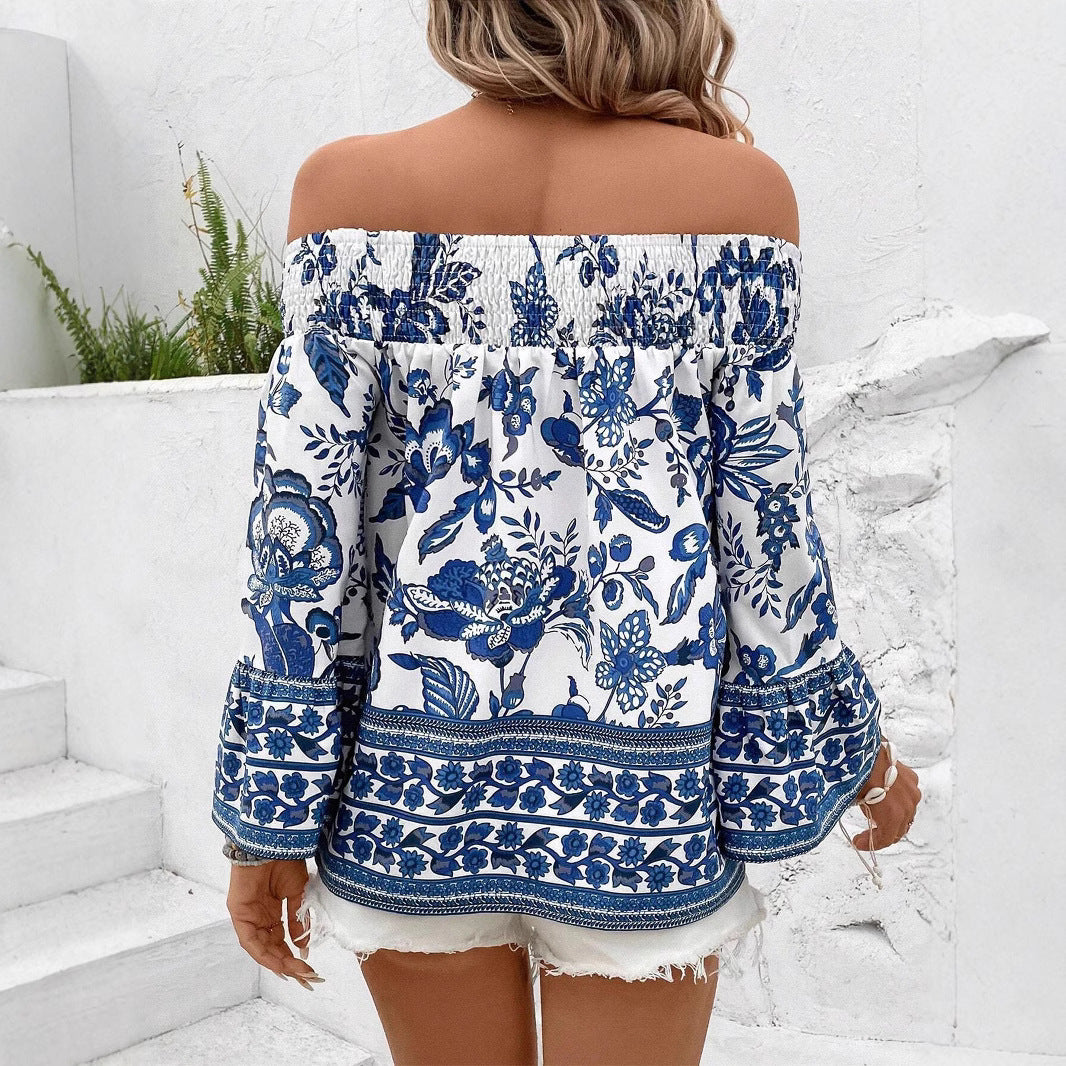 Women's Off-shoulder Shoulder-baring Floral Print T-shirt Top