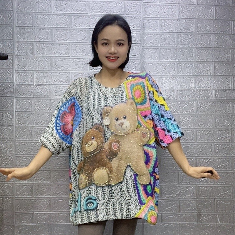 Diamond-embedded Design Printed Women's Loose Sweater Top