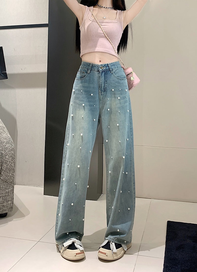 Pearl Straight Jeans High Waist Slim-fit Wide-leg Pants Women