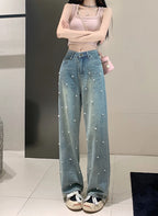 Pearl Straight Jeans High Waist Slim-fit Wide-leg Pants Women